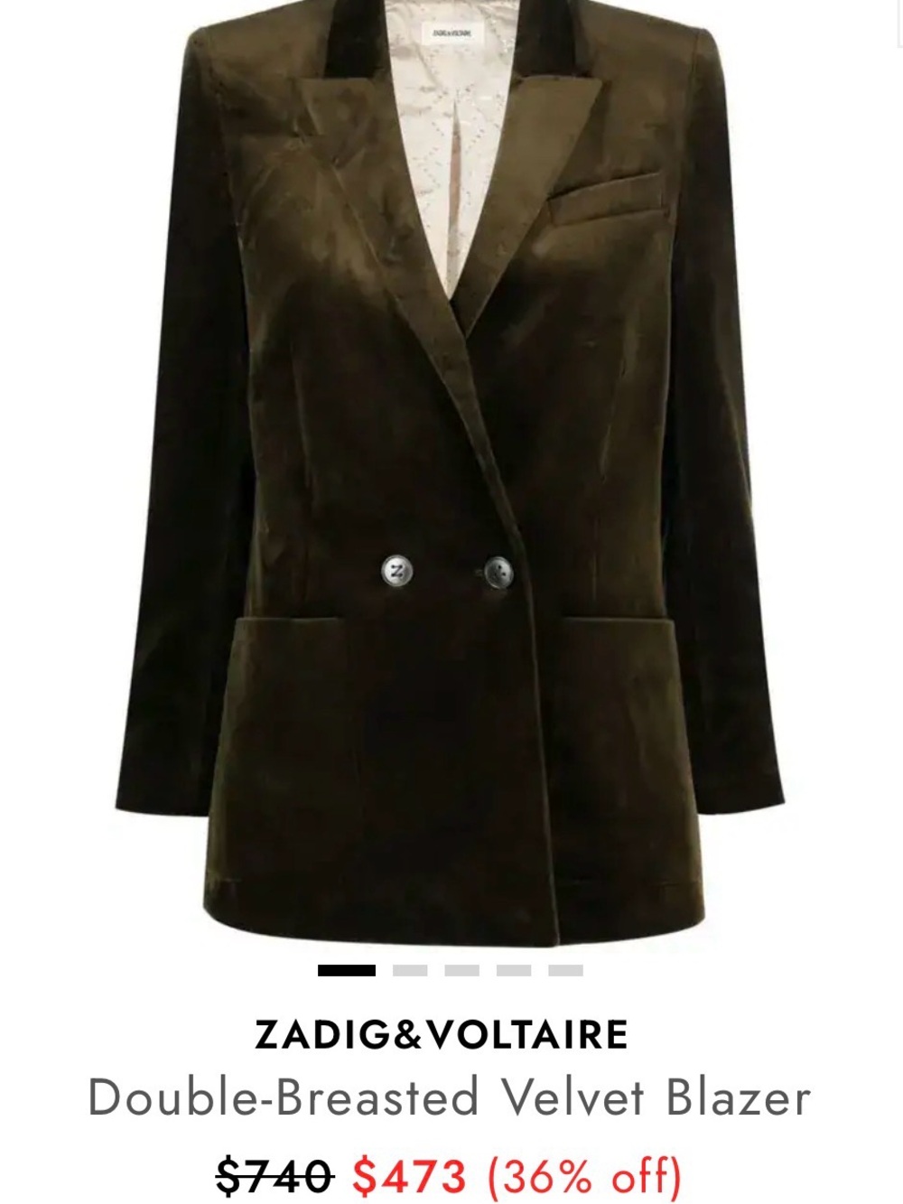 Zadig & Voltaire Dark Olive Velvet Double-Breasted Blazer